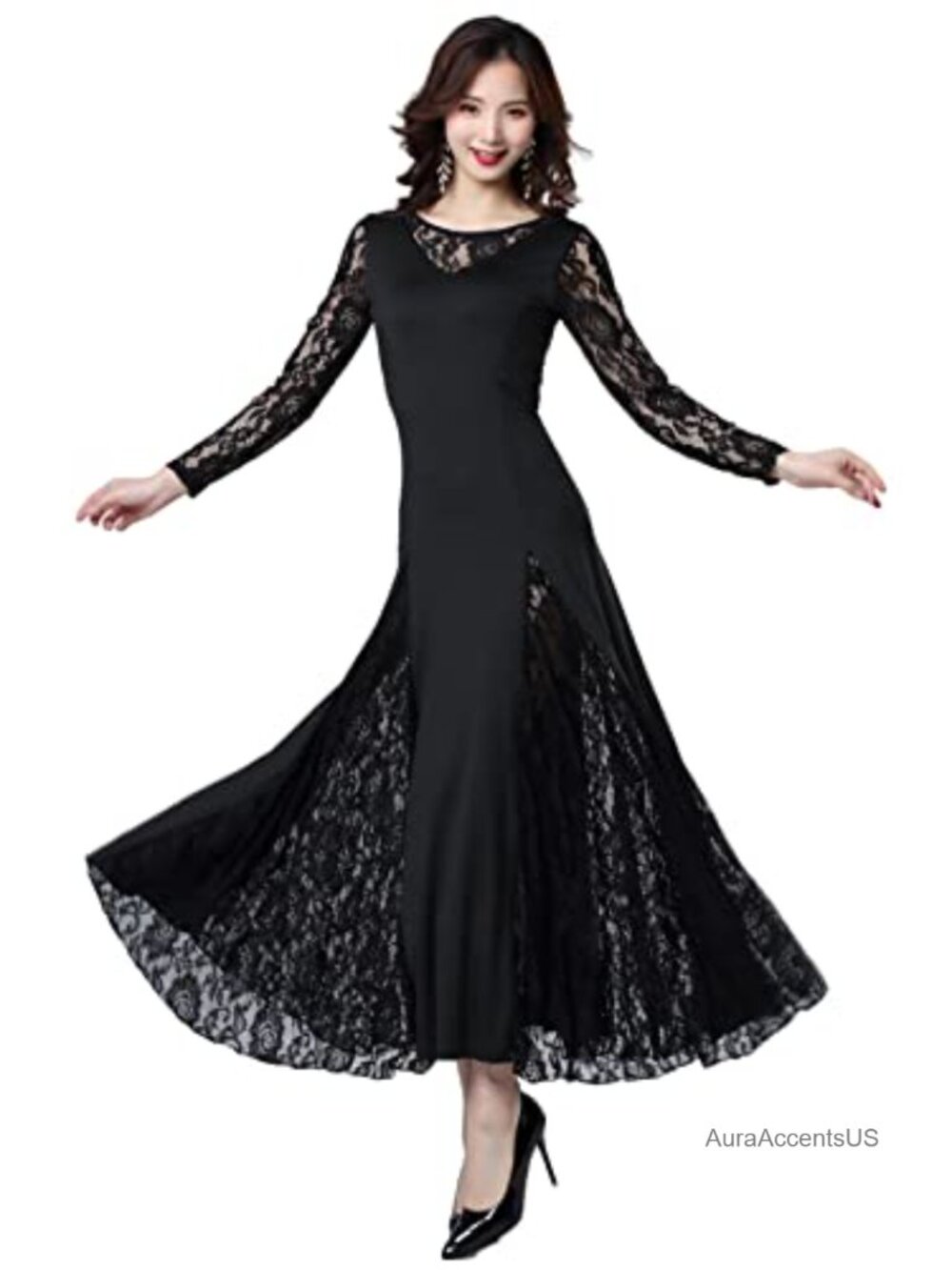 Lace Long Sleeve Swing Dance Dress Ballroom Competition Gown